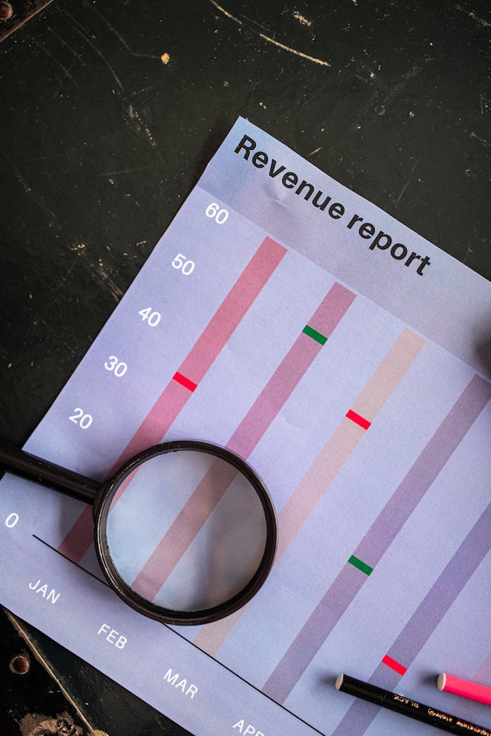 A magnifying glass on a vertical bar chart titled Revenue report showing monthly data analysis.